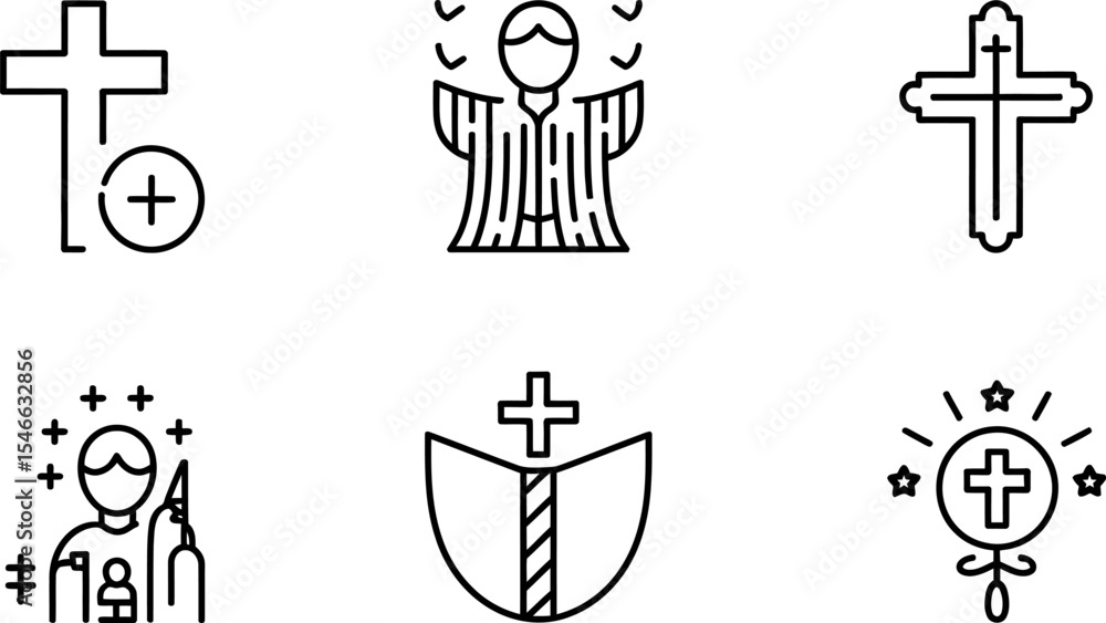 Naklejka premium Christianity icons vector set design, religious cross symbols, church and faith outline graphics design editable stock vector illustration