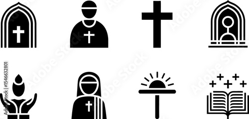 Christianity symbols vector set religious icons church elements cross bible priest nun and more editable stock vector illustration