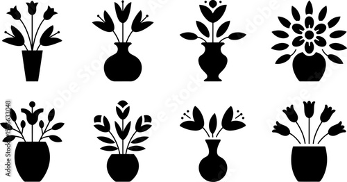 Black and white flower vase vector set floral arrangement clip art decorative element design graphic icon editable stock vector illustration
