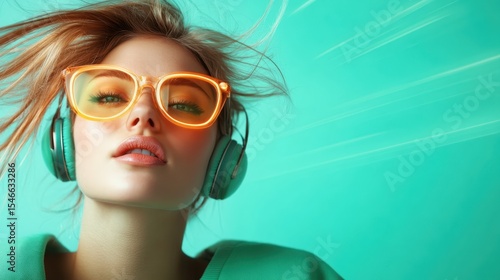 A stylish young woman with vibrant orange glasses and headphones, enjoying music in a striking turquoise setting that captures a sense of carefree energy and modern style.