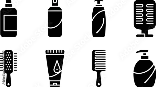 Black and white beauty products vector icons set shampoo conditioner hair care styling tools collection editable stock vector illustration
