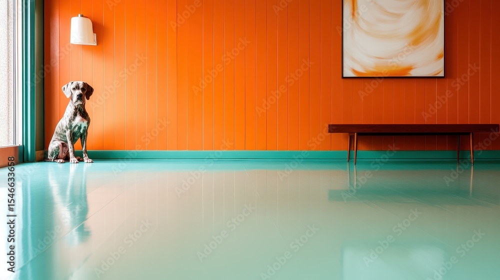 Fototapeta premium A serene scene featuring a dog sitting calmly in a stylish, modern room adorned with bright orange walls and a striking artwork, exuding tranquility and comfort.