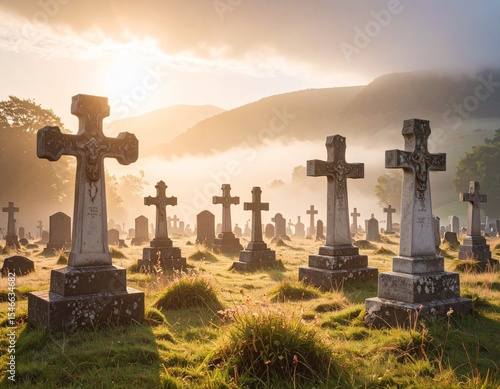 Christian Cemetery with Marble Crosses and Sunlight