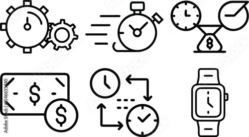 Timer and stopwatch icon set – silhouette style productivity, scheduling, and time management symbols: 5 min, 10 min, 20 min, clock, 30 min, countdown.
