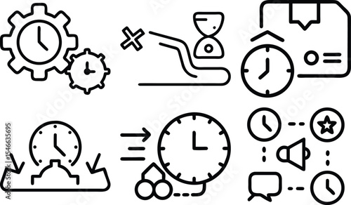 Timer and stopwatch icon set – silhouette style productivity, scheduling, and time management symbols: 5 min, 10 min, 20 min, clock, 30 min, countdown.
