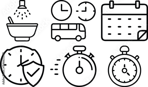 Timer and stopwatch icon set – silhouette style productivity, scheduling, and time management symbols: 5 min, 10 min, 20 min, clock, 30 min, countdown.
