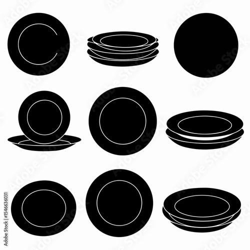 Plates various stacks black and white elements