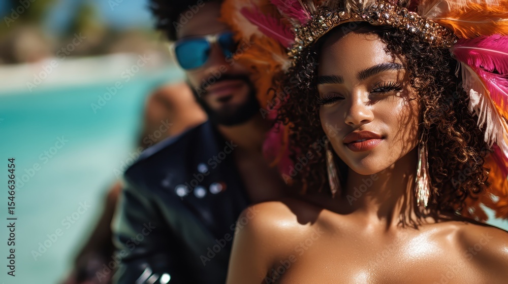 Fototapeta premium A stylish couple poses for the camera at a vibrant beach party, showcasing colorful costumes and a fun, lively atmosphere perfect for summer celebrations and festivities.