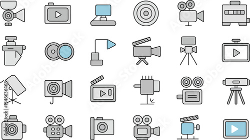 Stock vector icons of film and video production equipment for cinematography and movie making process editable stock vector illustration