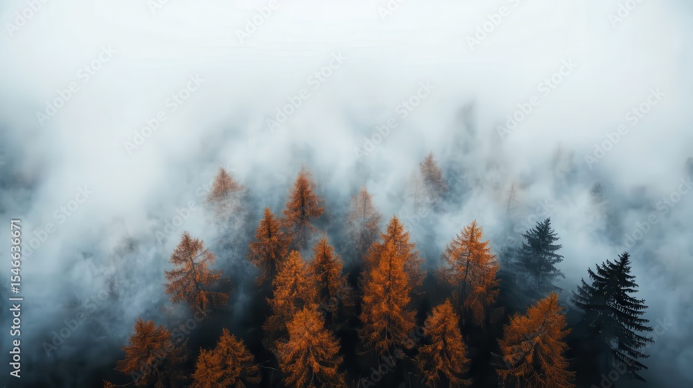 Fototapeta premium An aerial view of a misty forest with tall trees in autumn colors, creating a serene and mysterious atmosphere representing nature's beauty and seasonal changes.