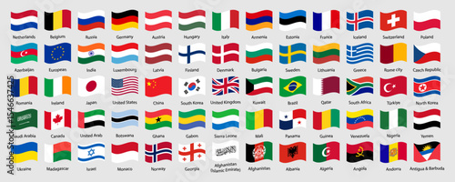 World country flags icon set. Collection of world country flags in waving style. Waving national flags Collection for International and global concepts. Vector illustration.