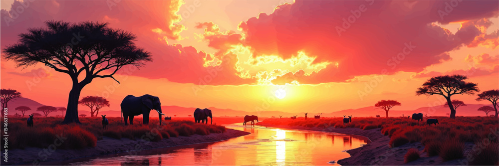 Majestic African Sunset Landscape with Elephants and Wildlife by River, Vibrant Savannah Scenery, Vector Illustration Majestic African Sunset Landscape with Elephants and Wildlife by River, Vibrant Savannah Scenery, Vector Illustration
