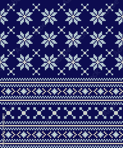 Traditional Nordic-style pixel pattern with snowflakes and geometric borders in light blue on dark navy, perfect for winter textiles.