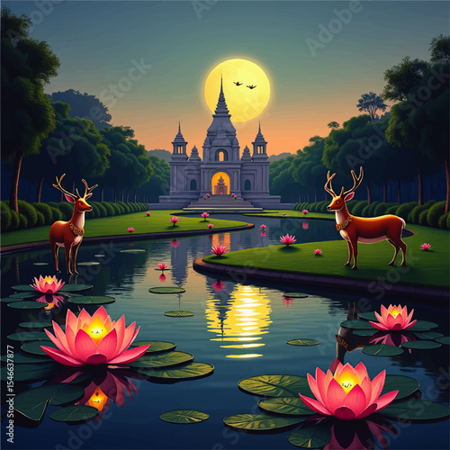 Magical Sunset Landscape with Deer, Lotus Flowers and Temple Reflection on Tranquil Water in Lush Garden Fantasy Illustration
