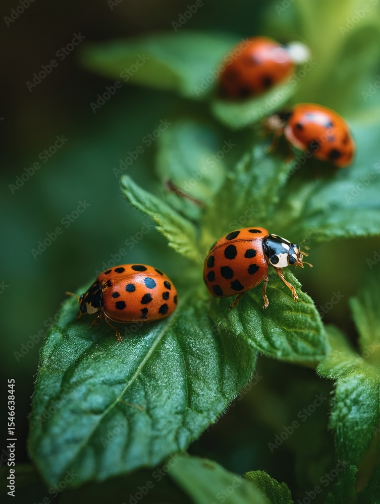 Fototapeta premium ladybugs resting on vibrant green leaves covered in dew drops in natural setting. Ladybugs on green leaves, natural pest control in a flourishing garden.