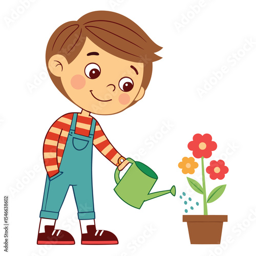 Smiling boy wearing overalls gently waters colorful flowers in a pot with green watering can