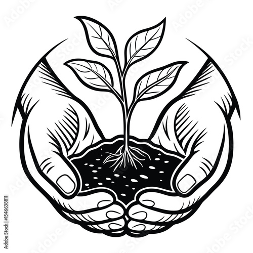 Two cupped hands delicately cradle a small plant growing from the fertile earth in monochrome