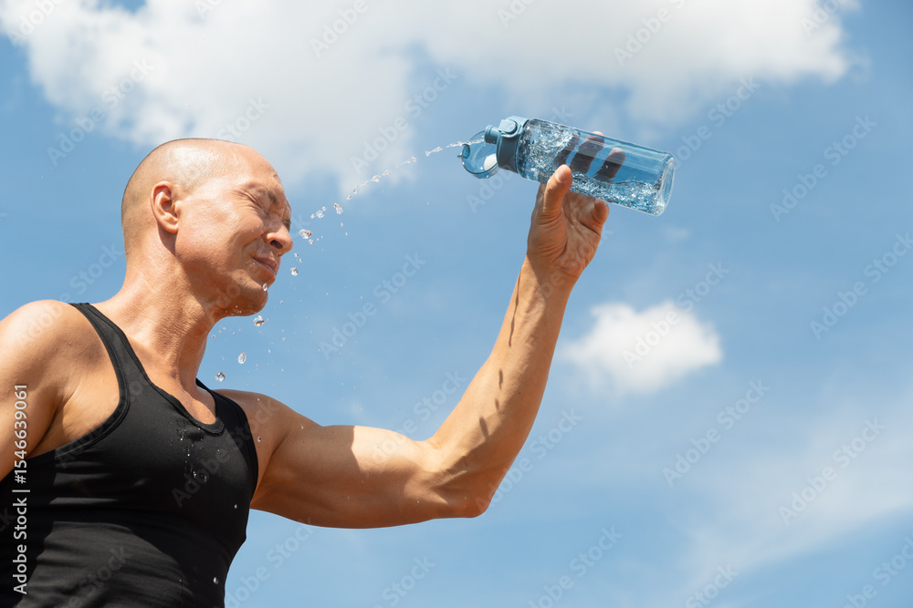 Athletic man wearing black sleeveless tank top refreshing himself water outdoors against cloudy blue sky. Summer heat weather. Thirst. Athletic man wearing black sleeveless tank top refreshing himself water outdoors against cloudy blue sky. Summer heat weather. Thirst.