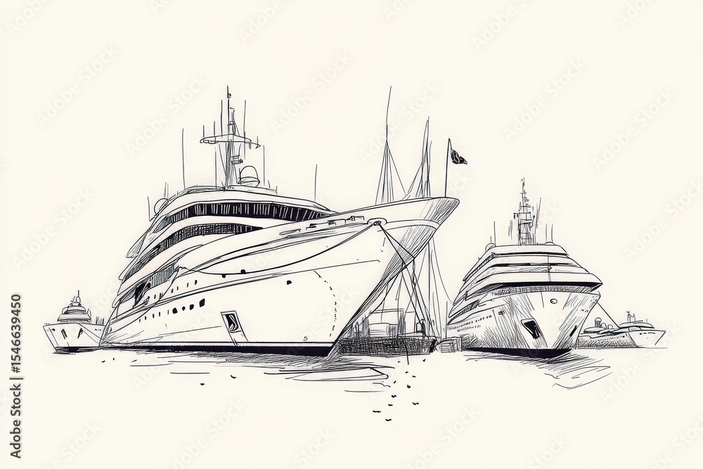 Fototapeta premium Elegant Yacht Sketch with Two Vessels Docked in Calm Waters