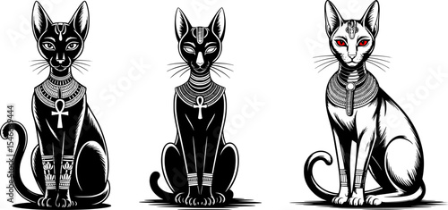Ancient Egyptian Bastet Cat Illustration – Minimalist Monochrome Line Art of Mythical Goddess in Elegant Tattoo Style with Jewelry and Symbols – Spiritual High-Quality Black Vector Design