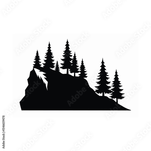 Monochrome Mountain Silhouette Featuring Evergreen Trees and Rocky Outcrops Evoking Wilderness and Outdoor Adventure in Nature Photography