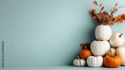A beautiful arrangement of various pumpkins set against a soft blue background, showcasing the essence of autumn and seasonal décor in a charming and festive manner.