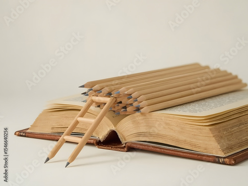 Knowledge Ascent: An open book becomes a platform for exploration, as a miniature ladder invites one to climb and discover the wealth of knowledge within.