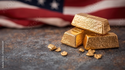 Wallpaper Mural An elegant display of gold bars set against a blurred American flag, symbolizing prosperity and wealth intertwined with national pride and economic strength. Torontodigital.ca