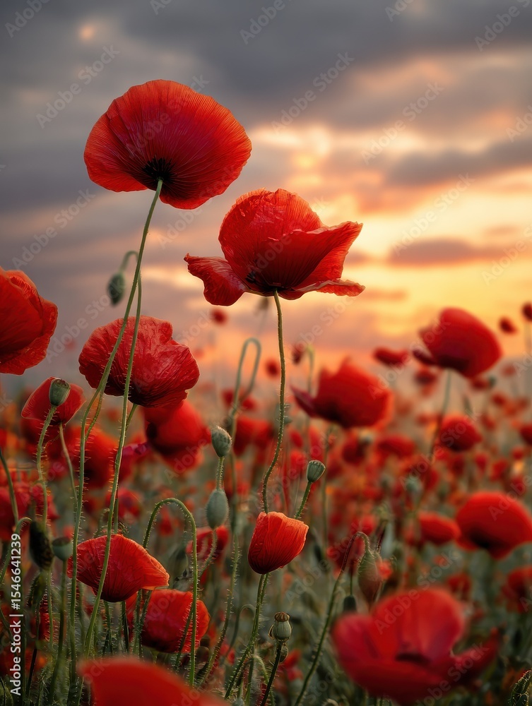Fototapeta premium Scenic field of vibrant red poppies blooming under a serene sunset sky creating a solemn and poignant memorial for the sacrifices of soldiers who died in war