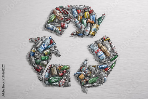 Recycling symbol made from various plastic bottles and cans.