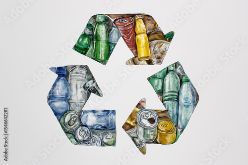 A drawing of the recycling symbol made from different types and colors of plastic bottles.