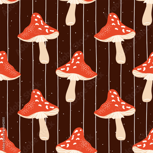 Seamless vector pattern with fly agaric mushrooms. Cozy hand-drawn design for autumn textiles, wrapping paper, and childrens clothing