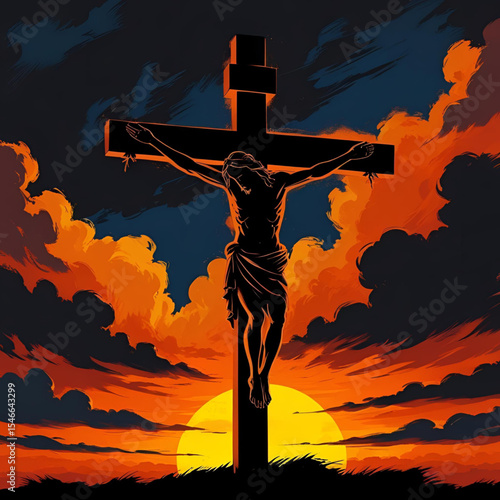 Bold Vector Illustration of Jesus Christ on the Cross with Intense Sunset Sky