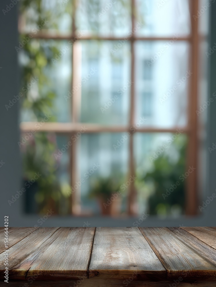 A table background with open space and a softly blurred window. A table background with open space and a softly blurred window.