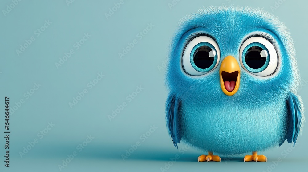 Fototapeta premium Cute cartoon blue bird with expressive eyes and open beak stands on blue background, copy space