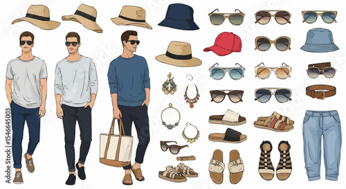 Men’s fashion accessories – sunglasses, hats, shoes, and jewelry for stylish outfit ideas.