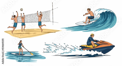 Men playing beach volleyball – summer sports and seaside activity scene.