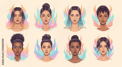 Women with pastel and fantasy hair colors – modern hairstyle and beauty trends collection.