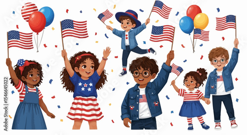Kids celebrating 4th of July – American Independence Day with flags and patriotic outfits.
