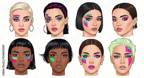 Female faces with bold eyeliner and colorful eyeshadow – beauty and fashion portrait collection.