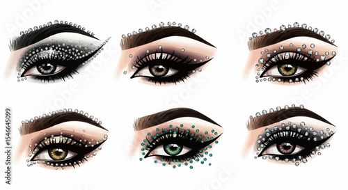 Close-up of eyes with glamorous makeup – eyeliner, lashes, and eyebrow styles for beauty tutorials.