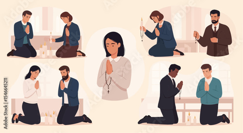 People kneeling in prayer – spiritual faith and devotion illustration in flat design.