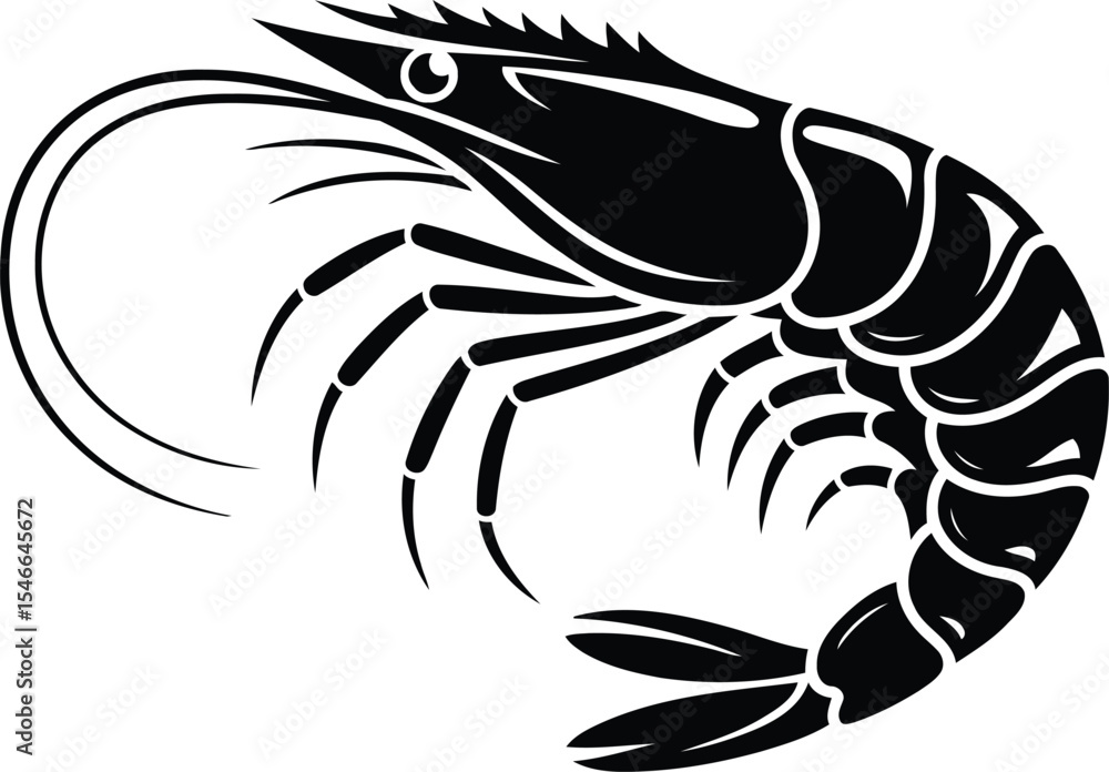 Fototapeta premium Black Silhouette of a Shrimp, Vector Design, Transparent Background.