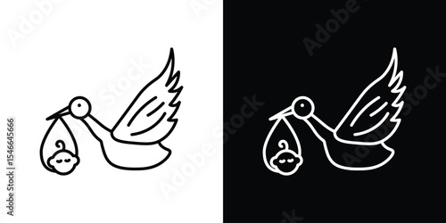 Stork with baby icon in black. flat graphic vector icon