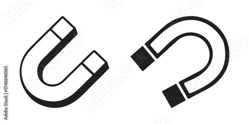 Black and White Horseshoe Magnet Icons. U Shape Magnetic Pole Symbol Illustration