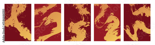 Set of luxury cards with abstract brush strokes of gold color on red background and splash textures. Suitable for festive backgrounds and elegant design projects, vector illustration