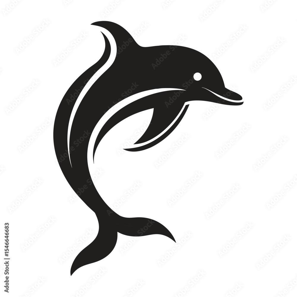 Fototapeta premium Jumping Dolphin Silhouette with Abstract Wave in Single Stroke Vector Style.