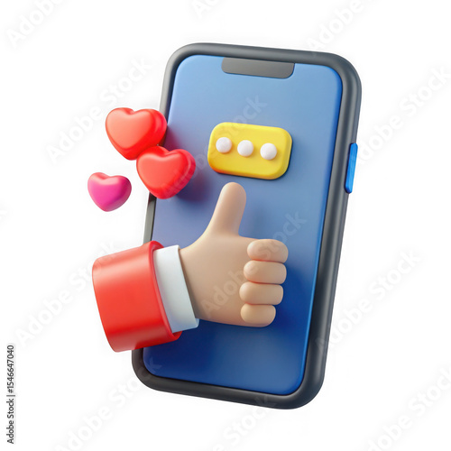 3d rendering of smartphone with thumbs up hand and floating hearts isolated on transparent background