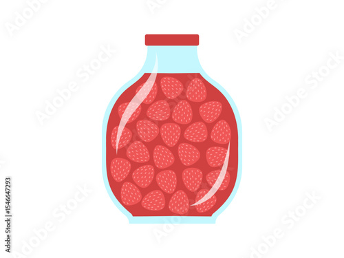 Glass jar with homemade strawberry jam, isolated on white background.