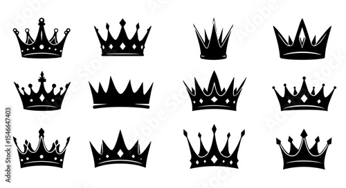 Twelve royal crowns set. Elegant crown collection includes various styles and shapes. Perfect crown designs for branding, invitations, or royal themed projects.